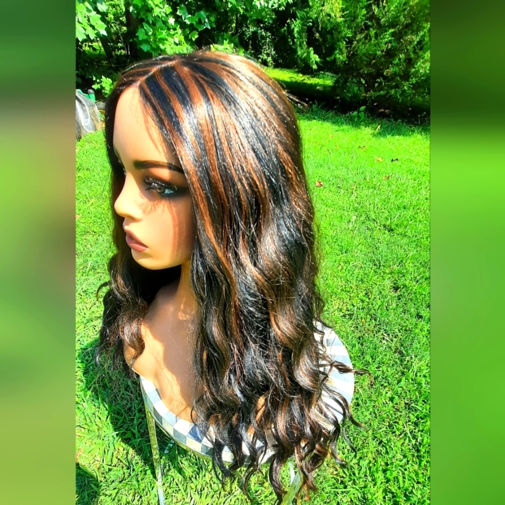 Wavy black with brown highlights lace front wig